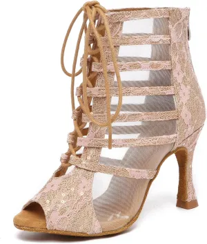 Women Dance Boots Open Toe High Heel Lace Up Dance Ankle Boots Latin Ballroom Dancing Boots,YC596-8.5CM Heel