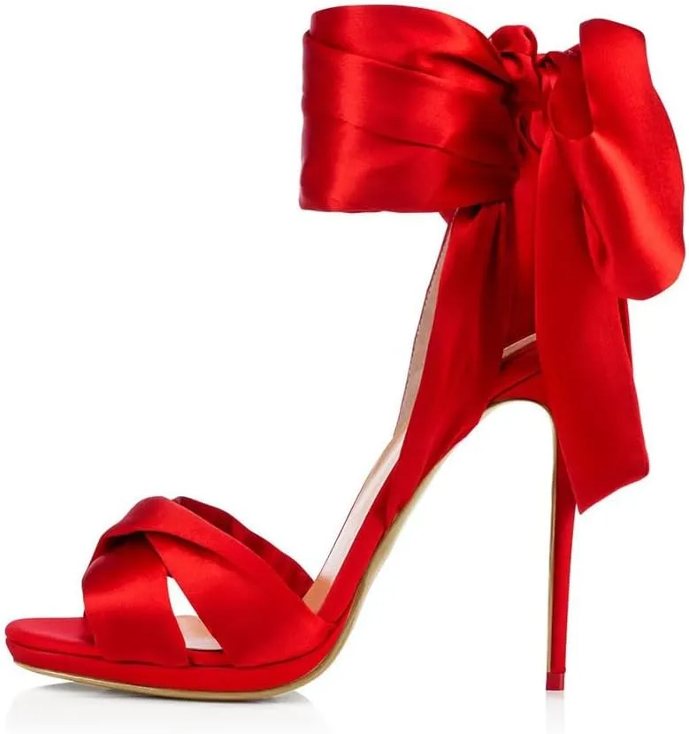 Women Elegant Open Toe Satin Stiletto High Heel Sandals with Oversized Bow Criss-Cross Straps Weddings Parties Evening Shoes