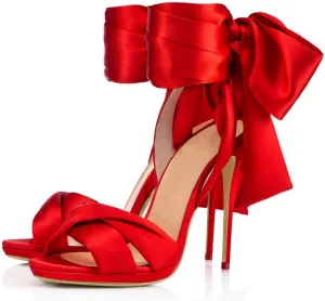 Women Elegant Open Toe Satin Stiletto High Heel Sandals with Oversized Bow Criss-Cross Straps Weddings Parties Evening Shoes