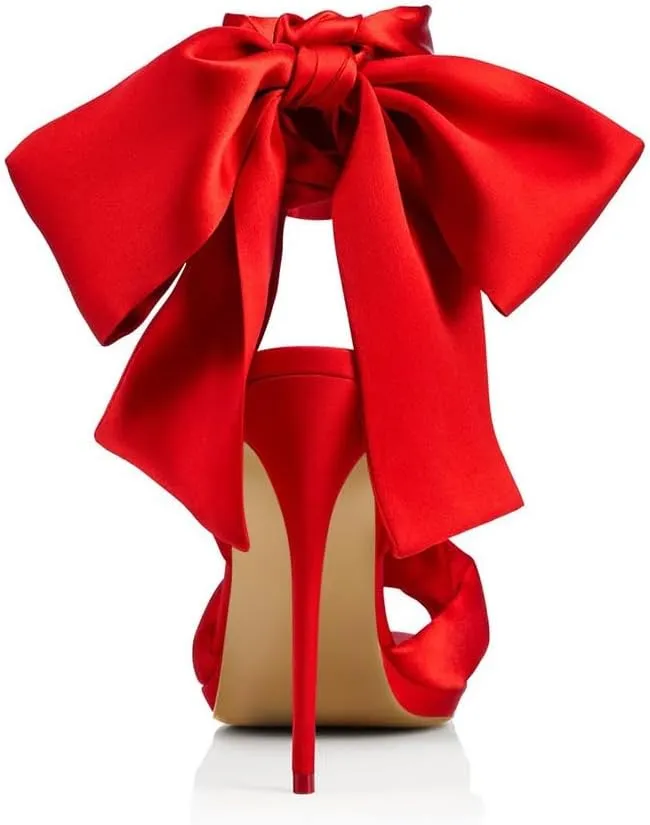 Women Elegant Open Toe Satin Stiletto High Heel Sandals with Oversized Bow Criss-Cross Straps Weddings Parties Evening Shoes