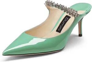 Women Heel Mules Pointy Toe Stiletto Mid Heels Crystals Pumps Slip On Bridal Rhinestones Sandals Wedding Party Dress Shoes