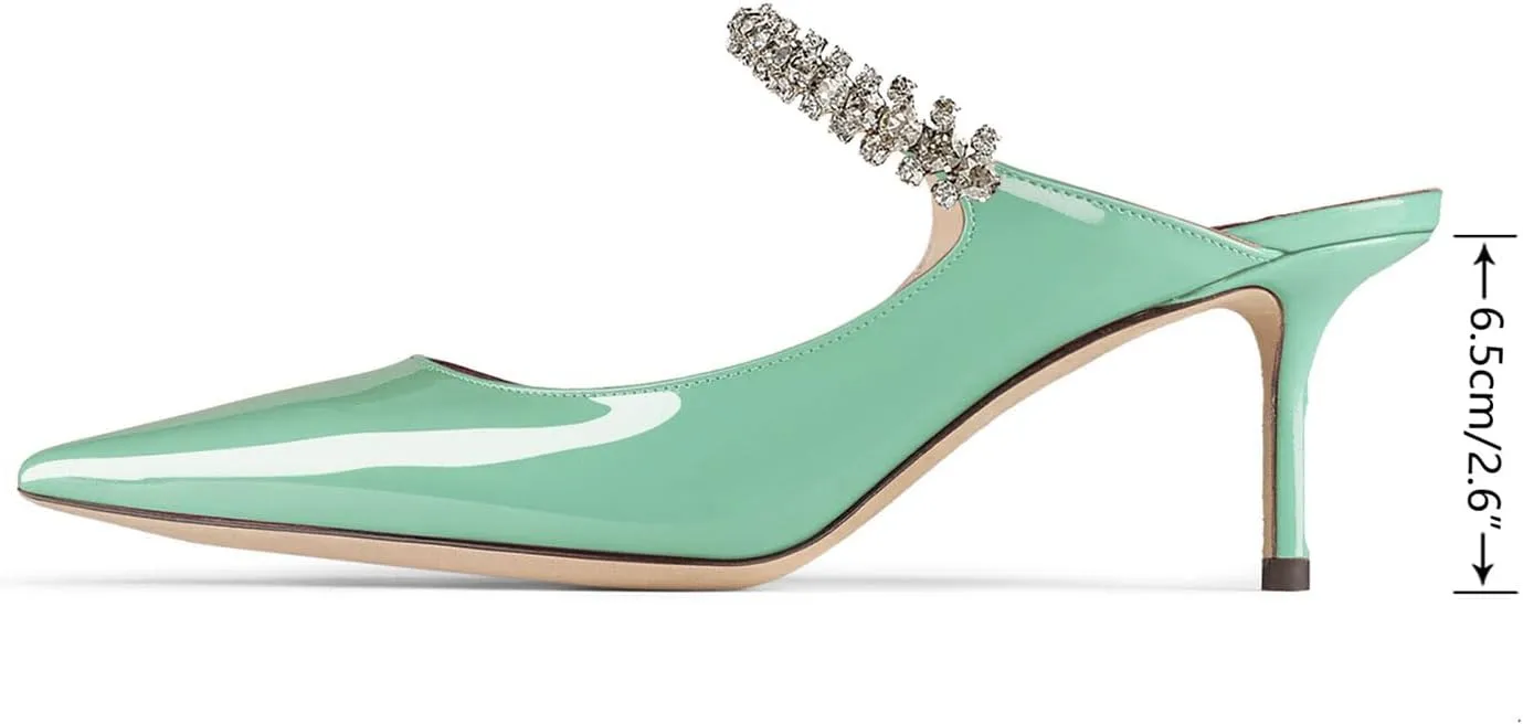 Women Heel Mules Pointy Toe Stiletto Mid Heels Crystals Pumps Slip On Bridal Rhinestones Sandals Wedding Party Dress Shoes
