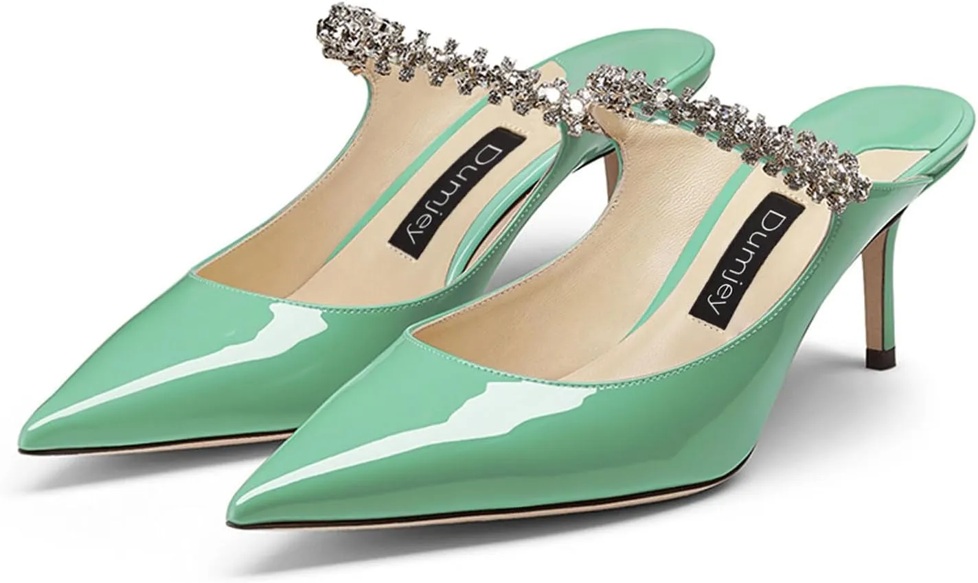 Women Heel Mules Pointy Toe Stiletto Mid Heels Crystals Pumps Slip On Bridal Rhinestones Sandals Wedding Party Dress Shoes