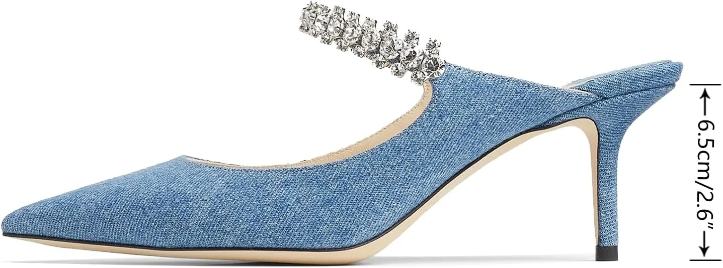 Women Heel Mules Pointy Toe Stiletto Mid Heels Crystals Pumps Slip On Bridal Rhinestones Sandals Wedding Party Dress Shoes