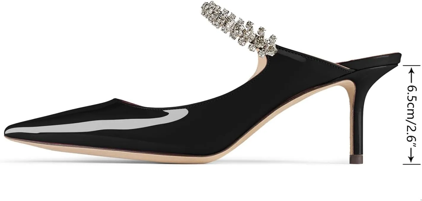 Women Heel Mules Pointy Toe Stiletto Mid Heels Crystals Pumps Slip On Bridal Rhinestones Sandals Wedding Party Dress Shoes