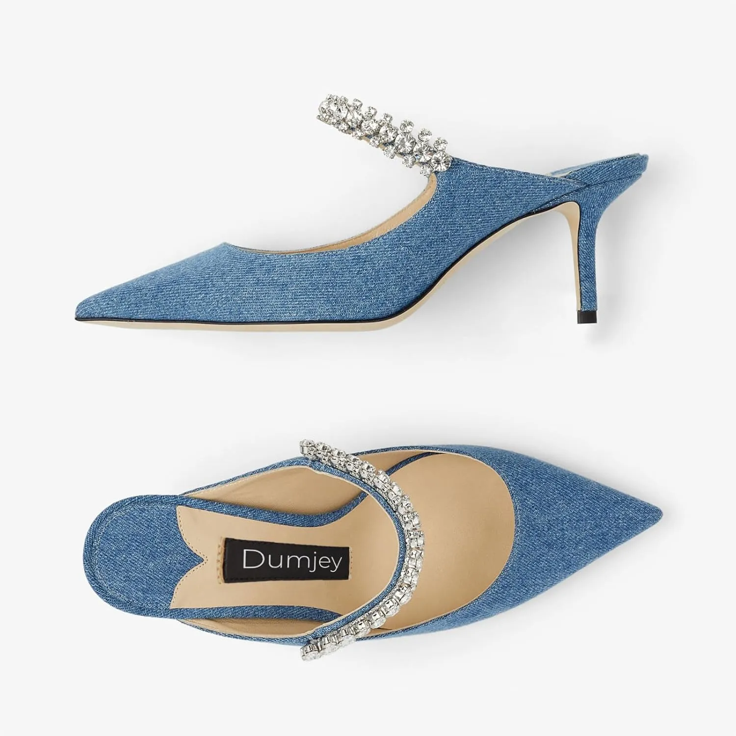 Women Heel Mules Pointy Toe Stiletto Mid Heels Crystals Pumps Slip On Bridal Rhinestones Sandals Wedding Party Dress Shoes