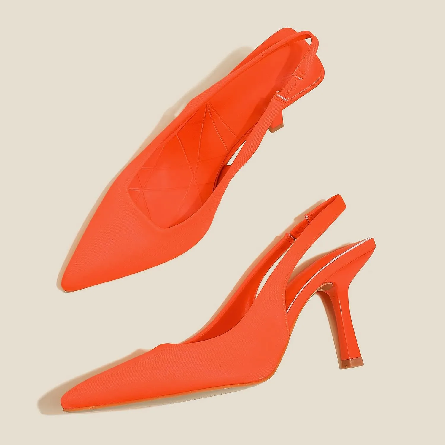 Women High-Heel Fabric Slingback Pumps Kitten Heel Pointed Toe Slip-On Back Strap Sandals Mules Court Shoes