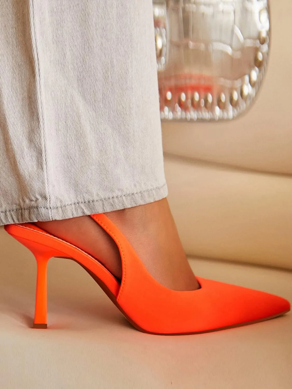 Women High-Heel Fabric Slingback Pumps Kitten Heel Pointed Toe Slip-On Back Strap Sandals Mules Court Shoes