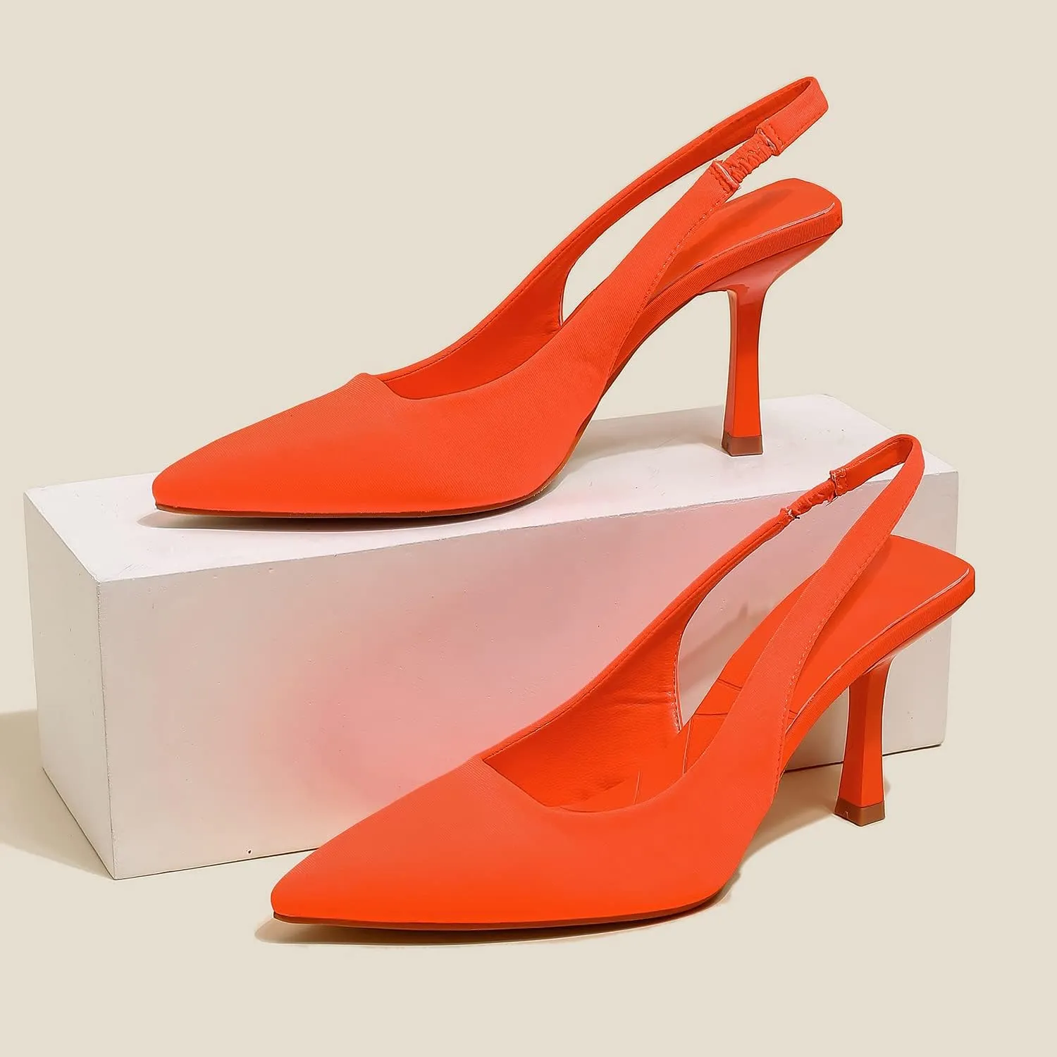 Women High-Heel Fabric Slingback Pumps Kitten Heel Pointed Toe Slip-On Back Strap Sandals Mules Court Shoes
