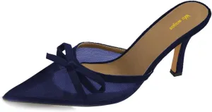 Women Lovely Bows Pointy Toe Mesh Slides Sandals Slip On Stiletto High Heel Mules Comfy Indoor Prom Shoes Size 4-16 US