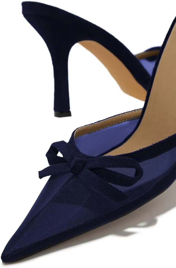 Women Lovely Bows Pointy Toe Mesh Slides Sandals Slip On Stiletto High Heel Mules Comfy Indoor Prom Shoes Size 4-16 US