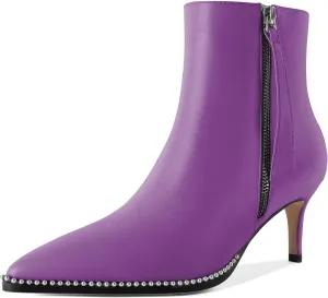 Women Low Heel Boots Pointed Toe with Beaded Short Boot Zipper Kitten Heel Booties 2.5 Inch