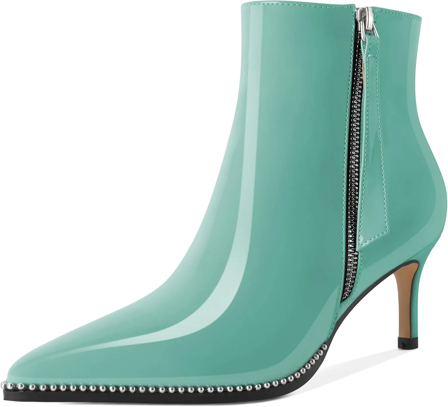 Women Low Heel Boots Pointed Toe with Beaded Short Boot Zipper Kitten Heel Booties 2.5 Inch