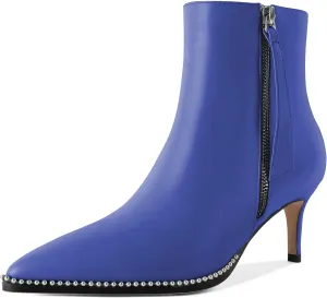 Women Low Heel Boots Pointed Toe with Beaded Short Boot Zipper Kitten Heel Booties 2.5 Inch
