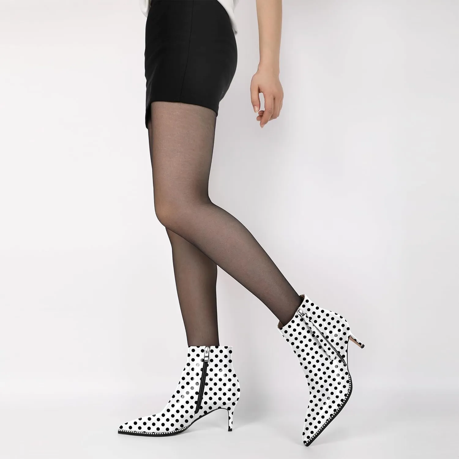 Women Low Heel Boots Pointed Toe with Beaded Short Boot Zipper Kitten Heel Booties 2.5 Inch