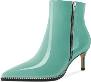 Women Low Heel Boots Pointed Toe with Beaded Short Boot Zipper Kitten Heel Booties 2.5 Inch