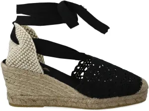 Women Medium Wedge Crochet Sandals. Made in Spain. Espadrilles with Medium Height. Ankle Lace Up. Padded Fabric Insole. Rubber Outsole.