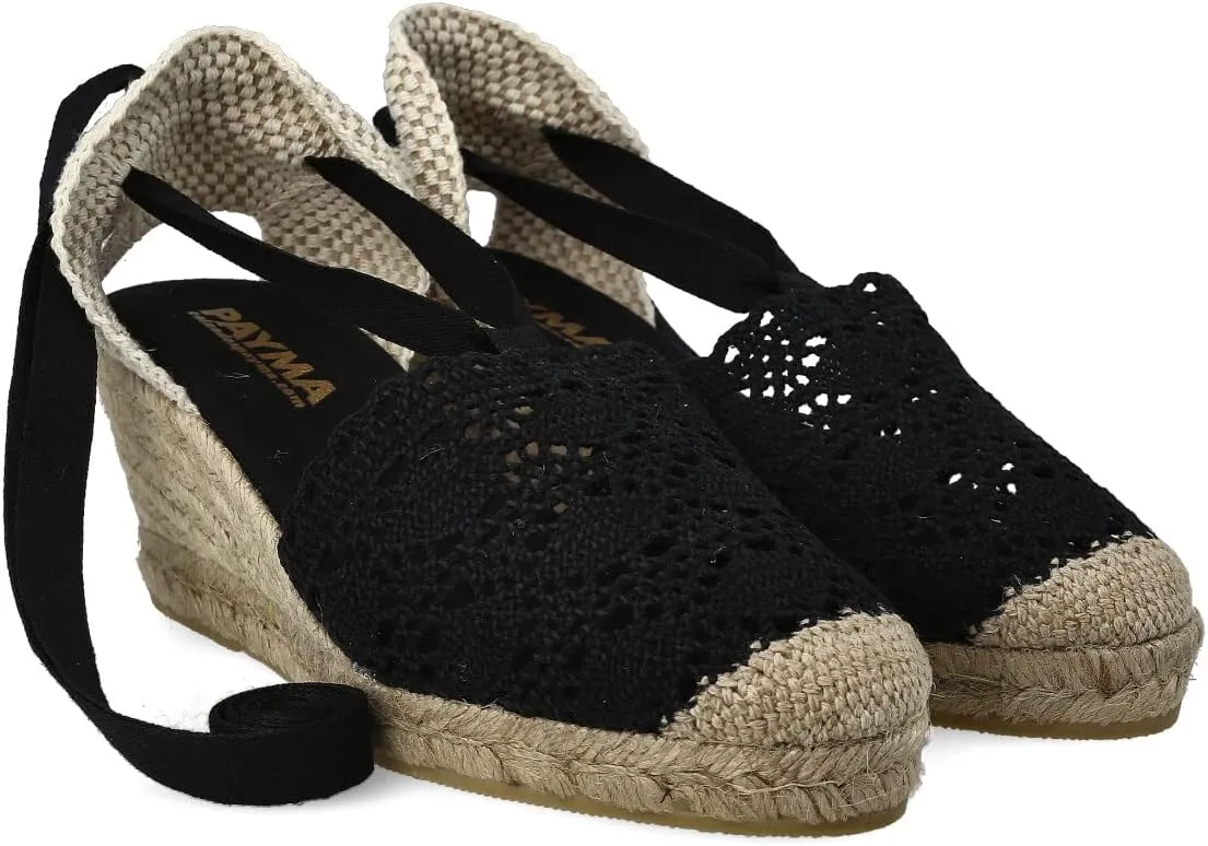 Women Medium Wedge Crochet Sandals. Made in Spain. Espadrilles with Medium Height. Ankle Lace Up. Padded Fabric Insole. Rubber Outsole.