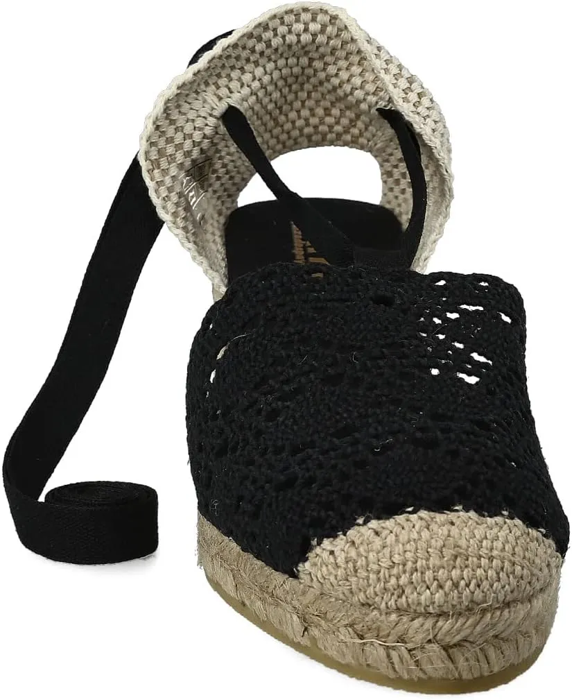 Women Medium Wedge Crochet Sandals. Made in Spain. Espadrilles with Medium Height. Ankle Lace Up. Padded Fabric Insole. Rubber Outsole.