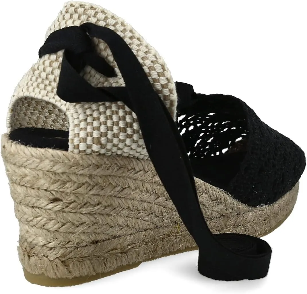 Women Medium Wedge Crochet Sandals. Made in Spain. Espadrilles with Medium Height. Ankle Lace Up. Padded Fabric Insole. Rubber Outsole.