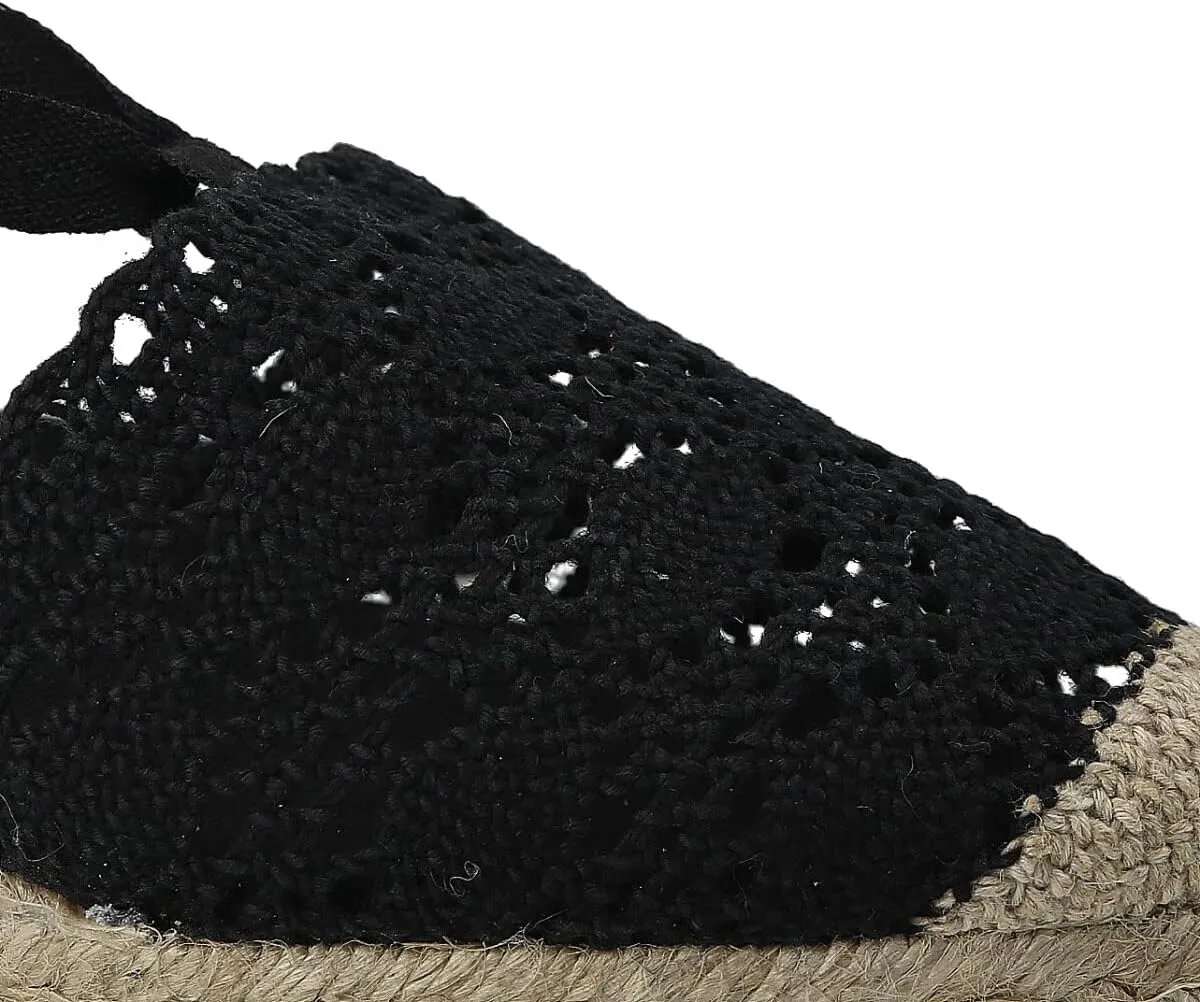 Women Medium Wedge Crochet Sandals. Made in Spain. Espadrilles with Medium Height. Ankle Lace Up. Padded Fabric Insole. Rubber Outsole.