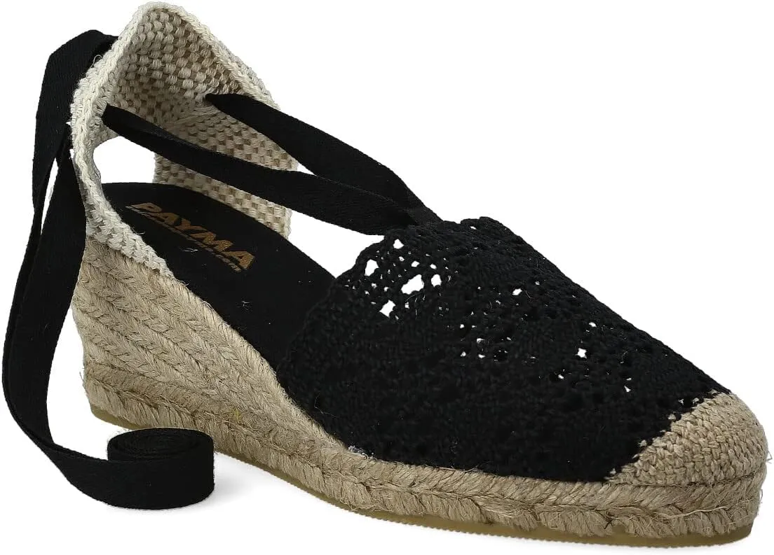 Women Medium Wedge Crochet Sandals. Made in Spain. Espadrilles with Medium Height. Ankle Lace Up. Padded Fabric Insole. Rubber Outsole.