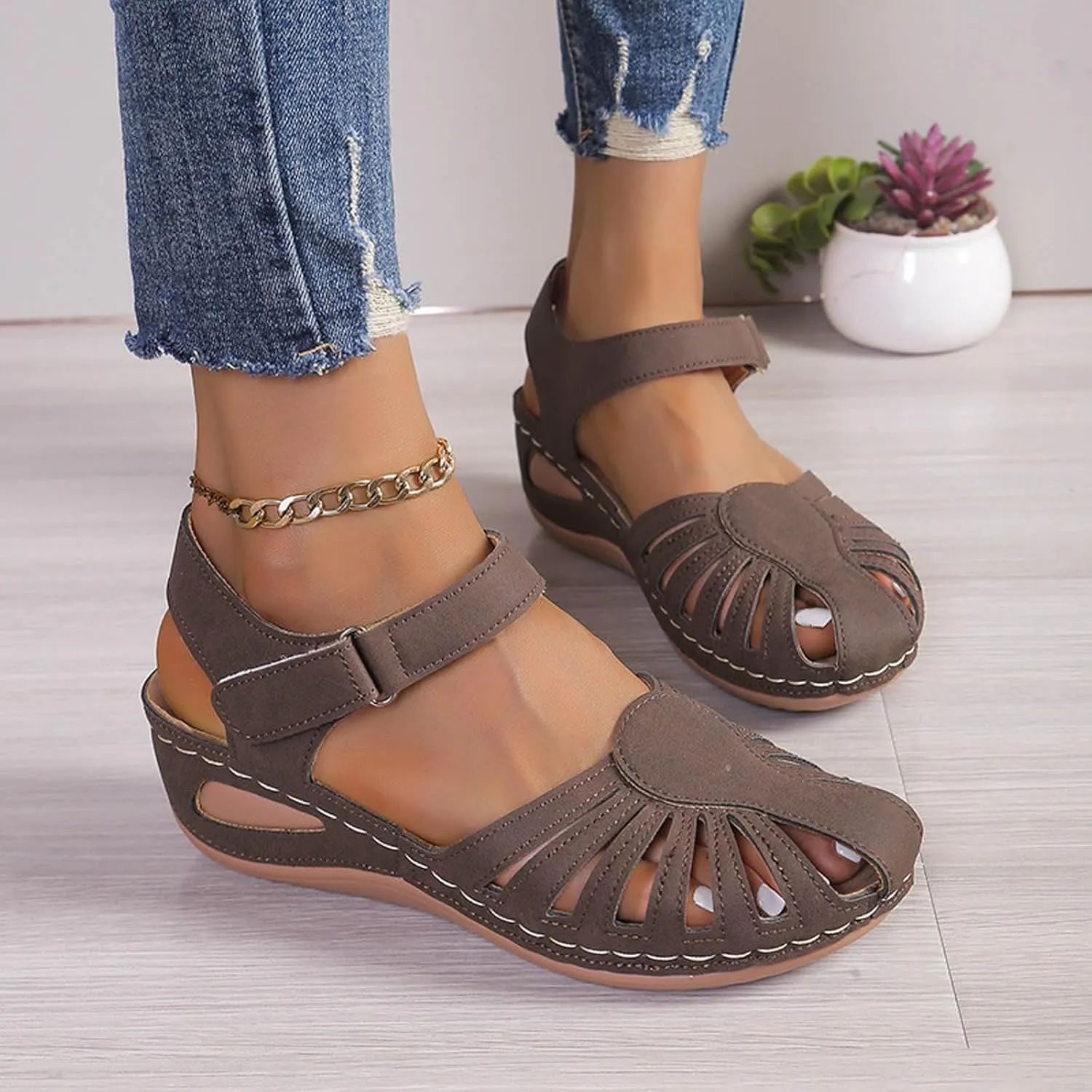 Women Orthopedic Walking Sandals Dress Summer Wedges Heels 2025 Summer Close Toe Orthopedic Bohemia Fishmouth Wedges Sandal Breathable Stylish Low Wedges Sandals with Arch Support