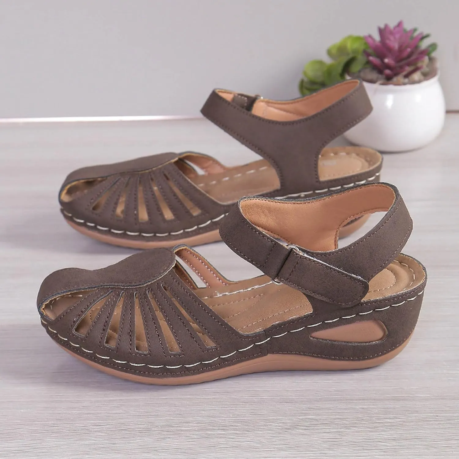 Women Orthopedic Walking Sandals Dress Summer Wedges Heels 2025 Summer Close Toe Orthopedic Bohemia Fishmouth Wedges Sandal Breathable Stylish Low Wedges Sandals with Arch Support