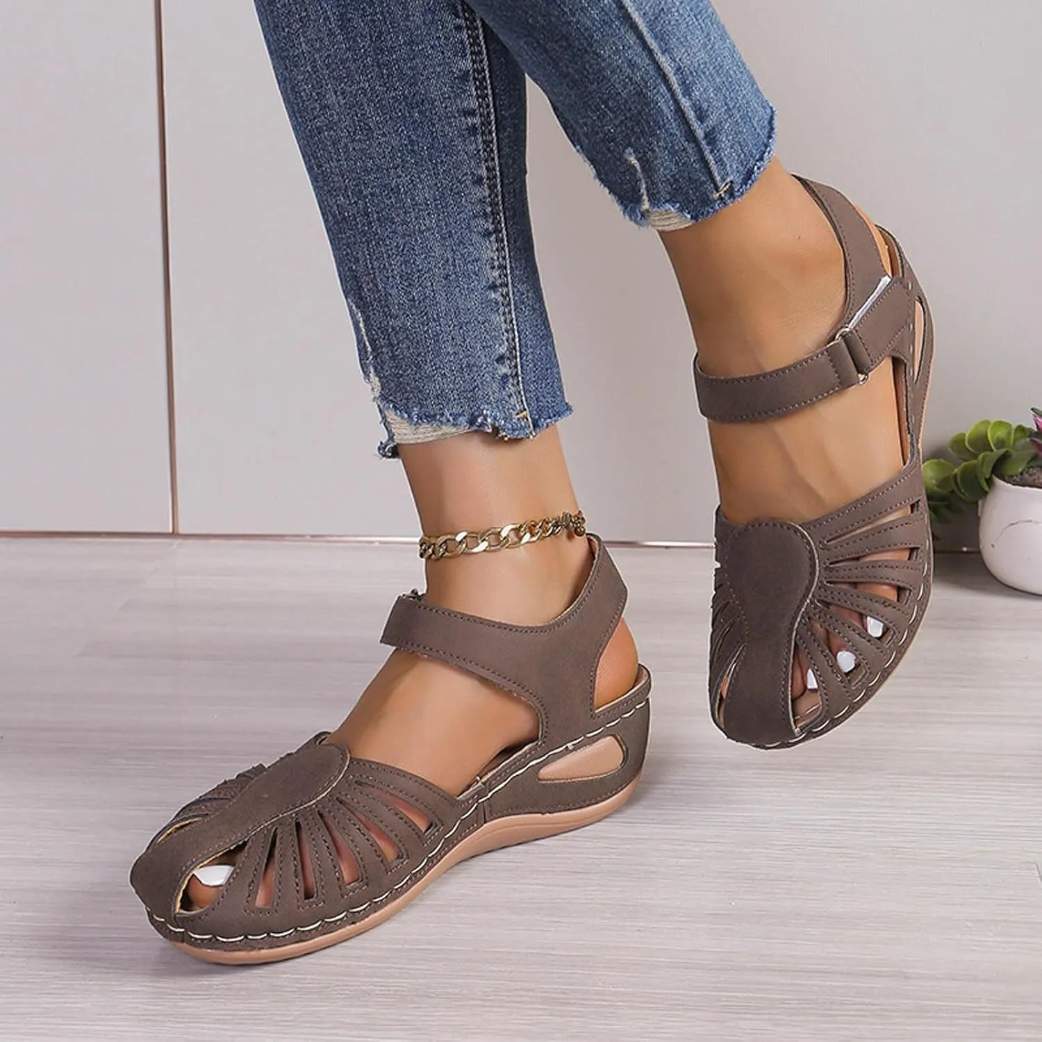 Women Orthopedic Walking Sandals Dress Summer Wedges Heels 2025 Summer Close Toe Orthopedic Bohemia Fishmouth Wedges Sandal Breathable Stylish Low Wedges Sandals with Arch Support
