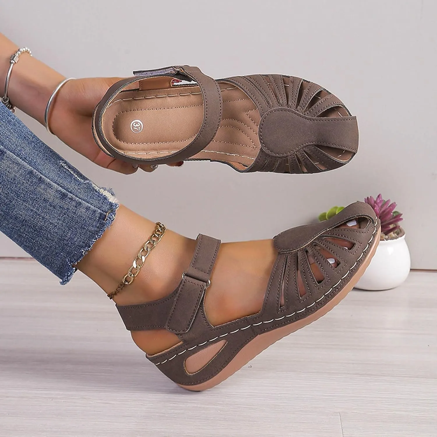 Women Orthopedic Walking Sandals Dress Summer Wedges Heels 2025 Summer Close Toe Orthopedic Bohemia Fishmouth Wedges Sandal Breathable Stylish Low Wedges Sandals with Arch Support