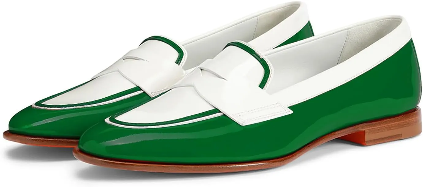 Women Patent Slip On Loafer Flats Two Tone Round Toe Flat Heel Penny Loafers Casual 1 inch Low Heel Loafer Dress Shoes Oxford Comfort Chic Colorblock Office Ladies Basic 4-11 M US