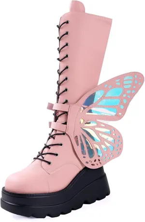 Women Platform Punk Goth Mid Calf Boots Chunky Wedge Heel Butterfly Wings Knee High Party Boots Motorcycle Combat Booties