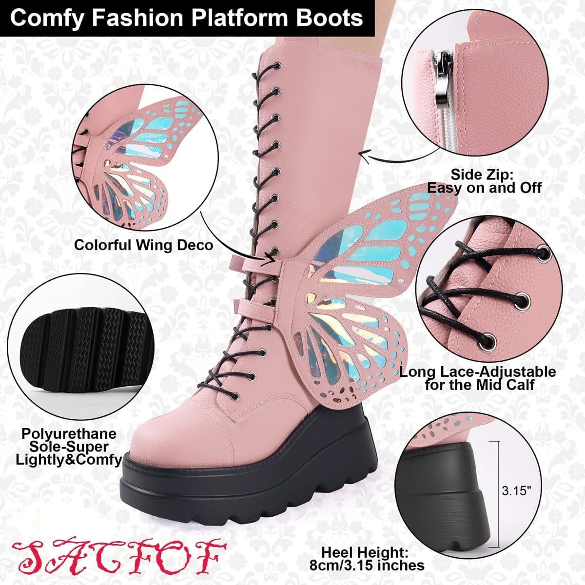 Women Platform Punk Goth Mid Calf Boots Chunky Wedge Heel Butterfly Wings Knee High Party Boots Motorcycle Combat Booties