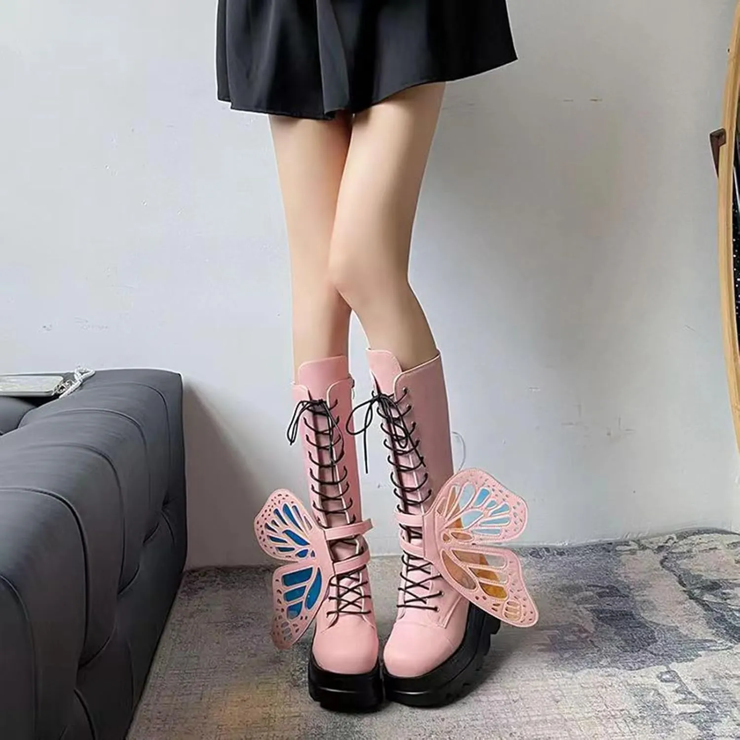 Women Platform Punk Goth Mid Calf Boots Chunky Wedge Heel Butterfly Wings Knee High Party Boots Motorcycle Combat Booties