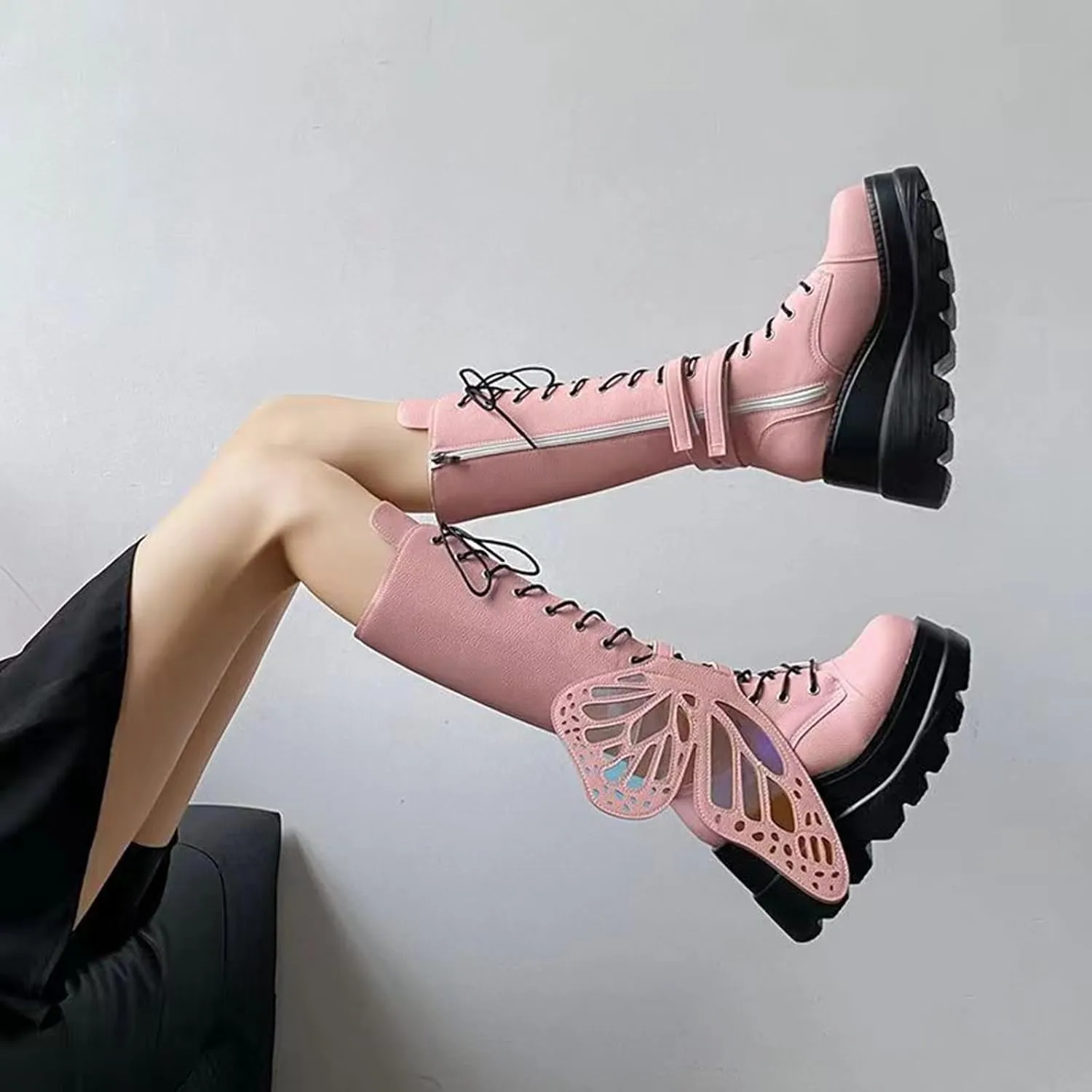 Women Platform Punk Goth Mid Calf Boots Chunky Wedge Heel Butterfly Wings Knee High Party Boots Motorcycle Combat Booties