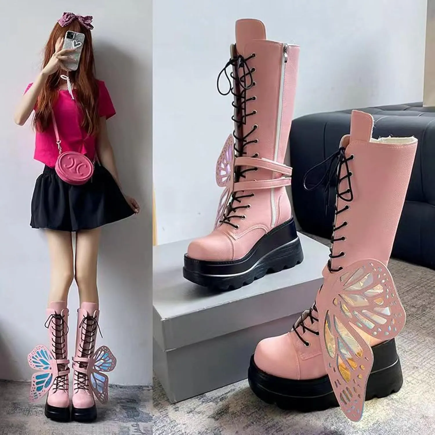 Women Platform Punk Goth Mid Calf Boots Chunky Wedge Heel Butterfly Wings Knee High Party Boots Motorcycle Combat Booties