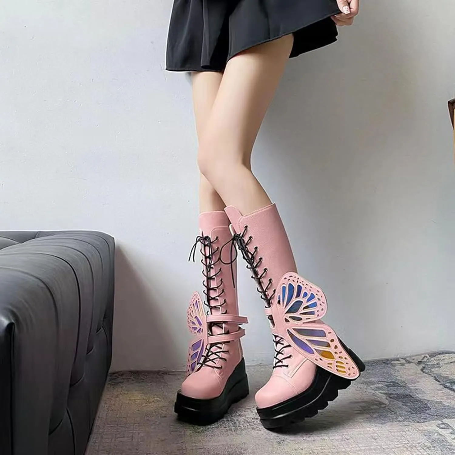 Women Platform Punk Goth Mid Calf Boots Chunky Wedge Heel Butterfly Wings Knee High Party Boots Motorcycle Combat Booties