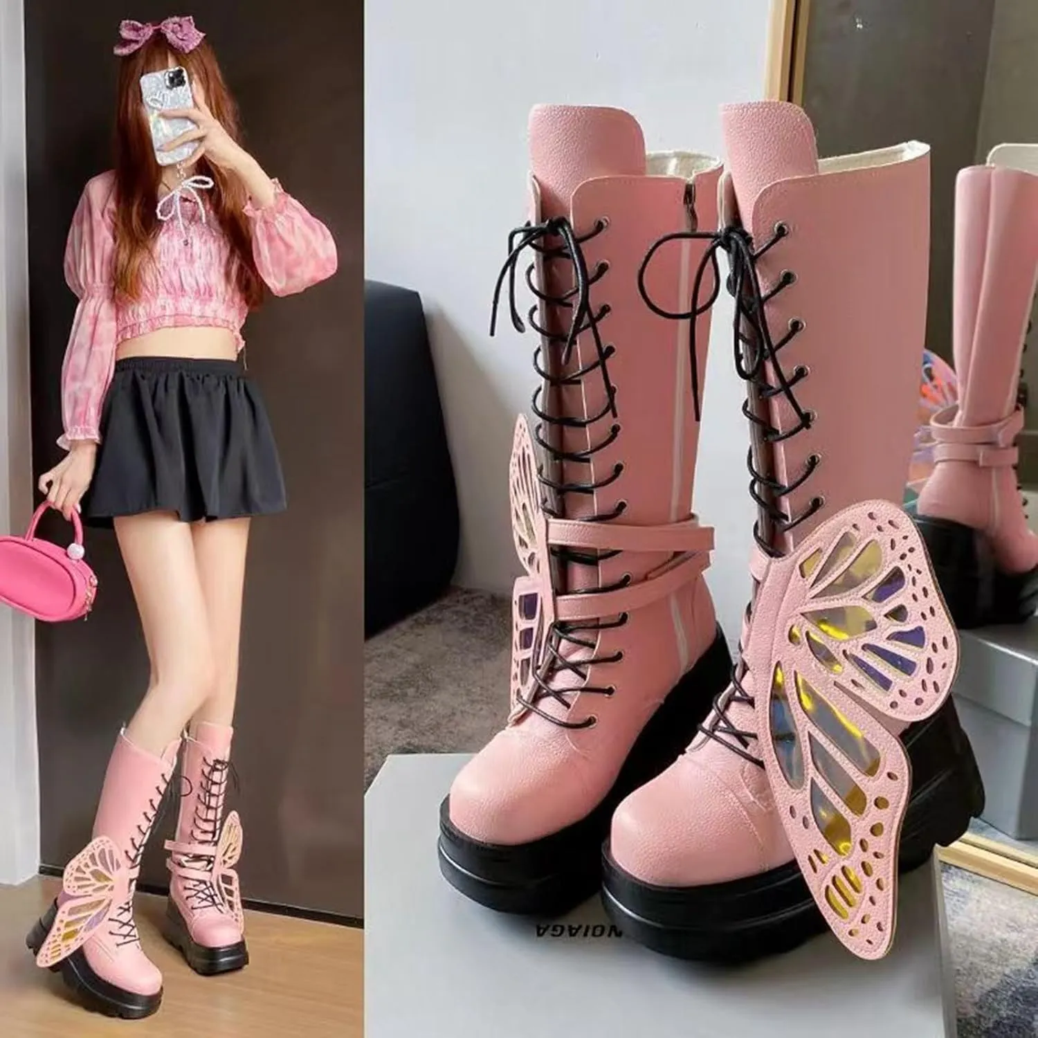 Women Platform Punk Goth Mid Calf Boots Chunky Wedge Heel Butterfly Wings Knee High Party Boots Motorcycle Combat Booties