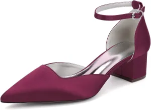 Women Pointy Toe Low Chunky Heels Ankle Strap Satin Bridal Block Heel Party Dress Wedding Pump Shoes 4.5Cm
