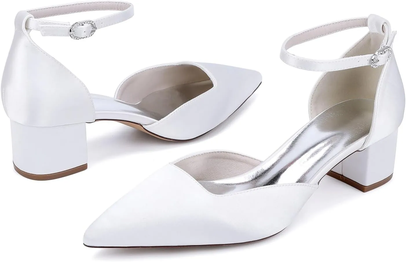 Women Pointy Toe Low Chunky Heels Ankle Strap Satin Bridal Block Heel Party Dress Wedding Pump Shoes 4.5Cm