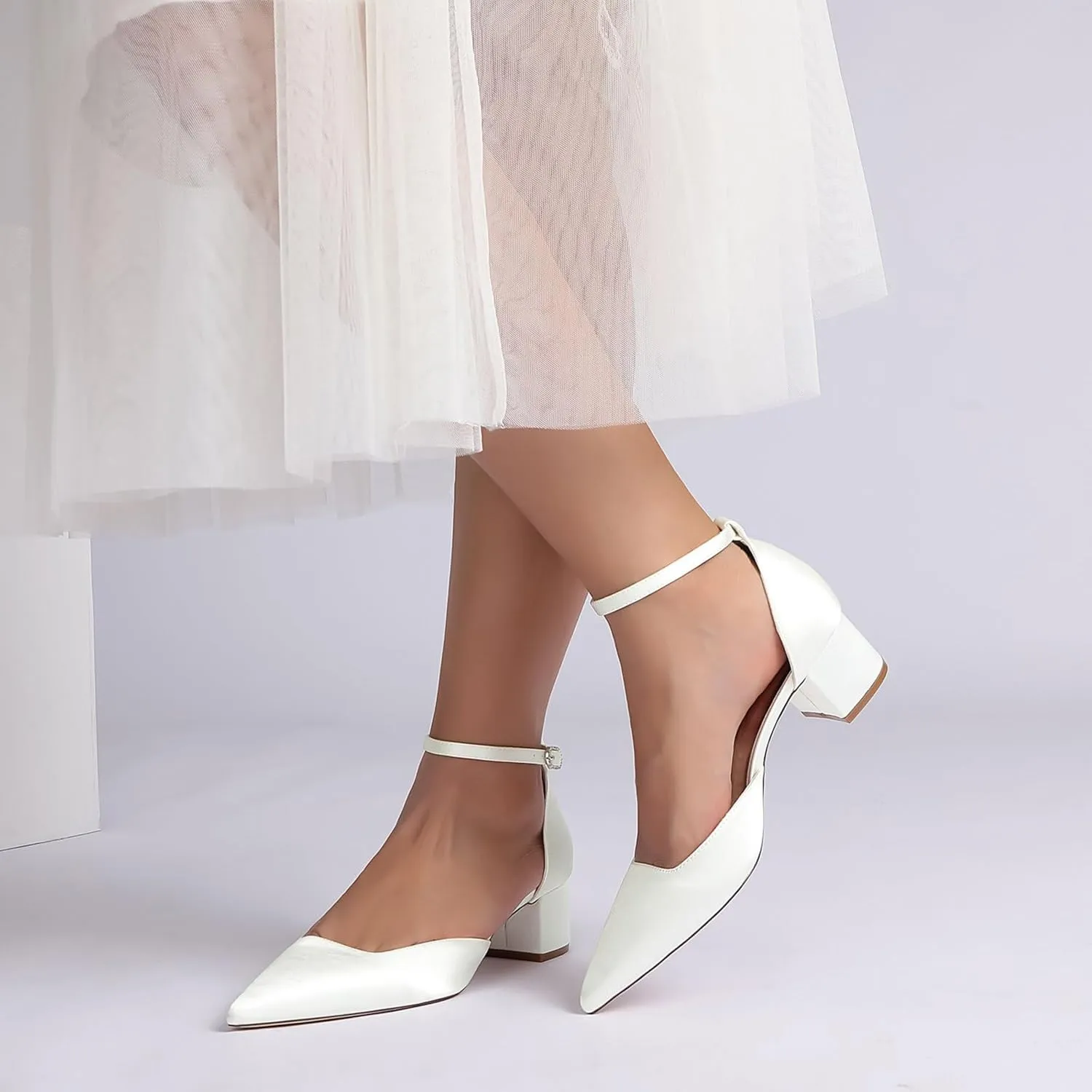Women Pointy Toe Low Chunky Heels Ankle Strap Satin Bridal Block Heel Party Dress Wedding Pump Shoes 4.5Cm