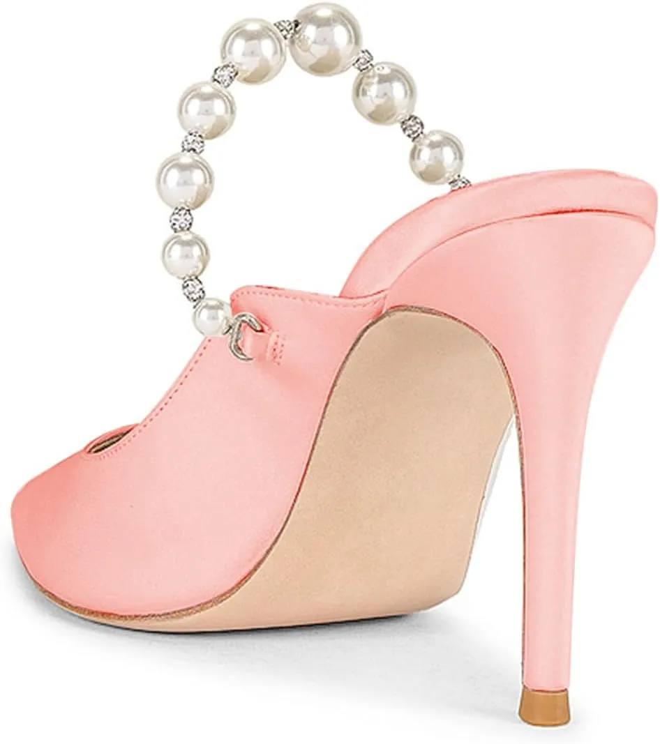 Women Pointy Toe Slip on Satin Mules Pearl Beaded Stiletto High Heel Slide Sandals Dainty Party Club Date Shoes Size 4-16 US