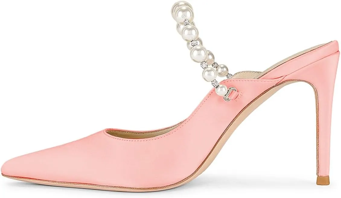 Women Pointy Toe Slip on Satin Mules Pearl Beaded Stiletto High Heel Slide Sandals Dainty Party Club Date Shoes Size 4-16 US