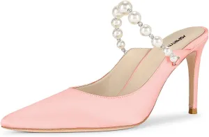 Women Pointy Toe Slip on Satin Mules Pearl Beaded Stiletto High Heel Slide Sandals Dainty Party Club Date Shoes Size 4-16 US