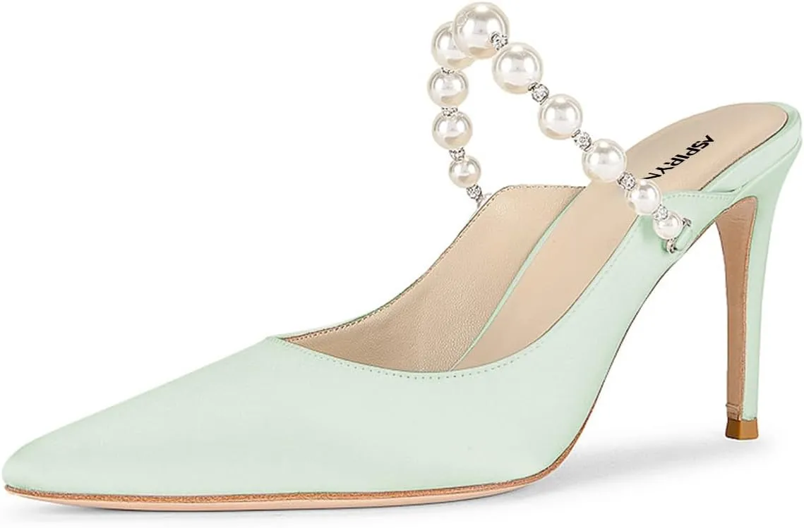 Women Pointy Toe Slip on Satin Mules Pearl Beaded Stiletto High Heel Slide Sandals Dainty Party Club Date Shoes Size 4-16 US