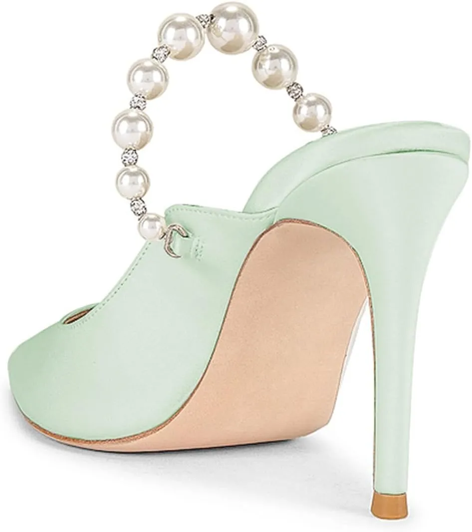 Women Pointy Toe Slip on Satin Mules Pearl Beaded Stiletto High Heel Slide Sandals Dainty Party Club Date Shoes Size 4-16 US