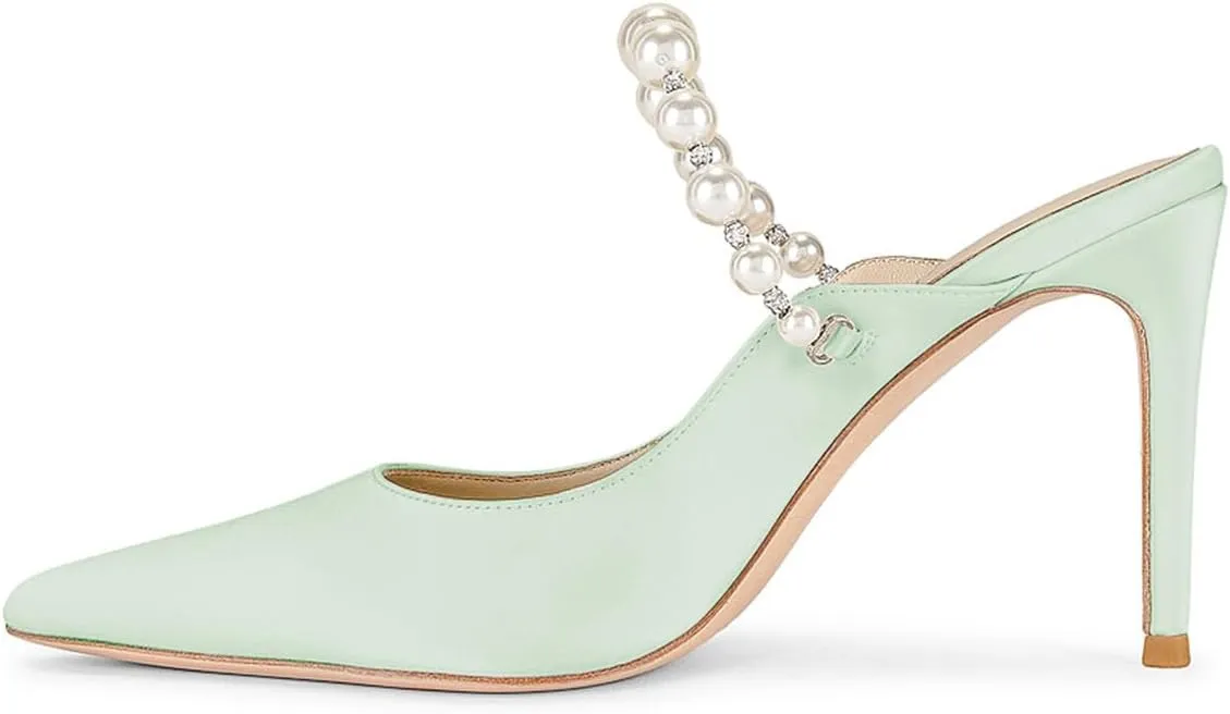 Women Pointy Toe Slip on Satin Mules Pearl Beaded Stiletto High Heel Slide Sandals Dainty Party Club Date Shoes Size 4-16 US