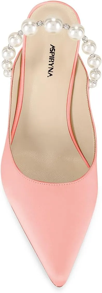 Women Pointy Toe Slip on Satin Mules Pearl Beaded Stiletto High Heel Slide Sandals Dainty Party Club Date Shoes Size 4-16 US