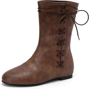 Women Retro Moccasin Mid Boots Flats Lace Up Ancient Roman Gladiator Boots