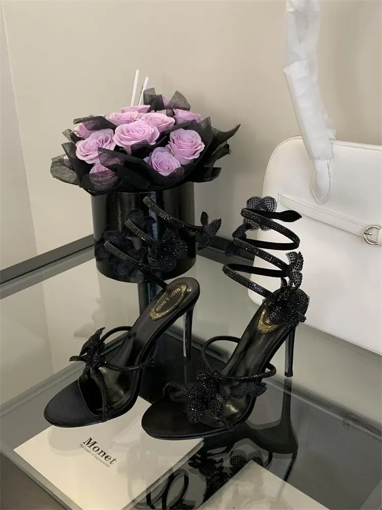 Women Rhinestone Flowers High Heel Open Round Toe Spiral Wrap Around Sandals Sexy Sparkly Bling Ankle Strap High Heel